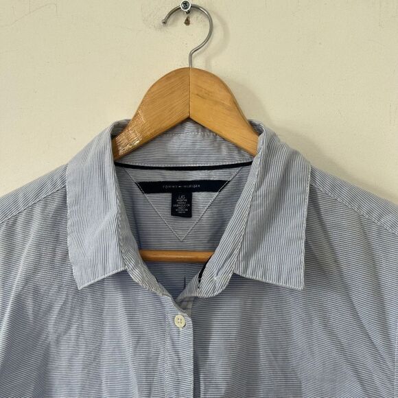 Tommy Hilfiger Blue White Barre Stripe 100% Cotton Long Sleeve Button Down Shirt - Picture 3 of 9